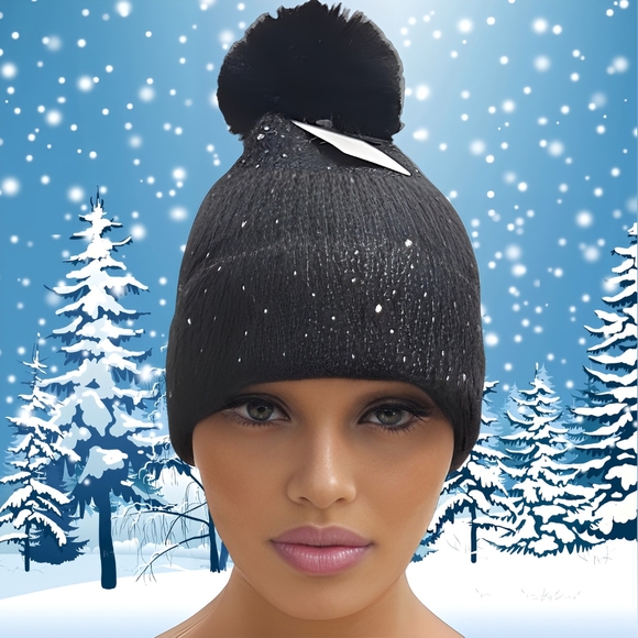 ARVORES Black Ribbed Beanie with Sparkly Gems & Faux Fur Pompom NWT - Picture 1 of 10